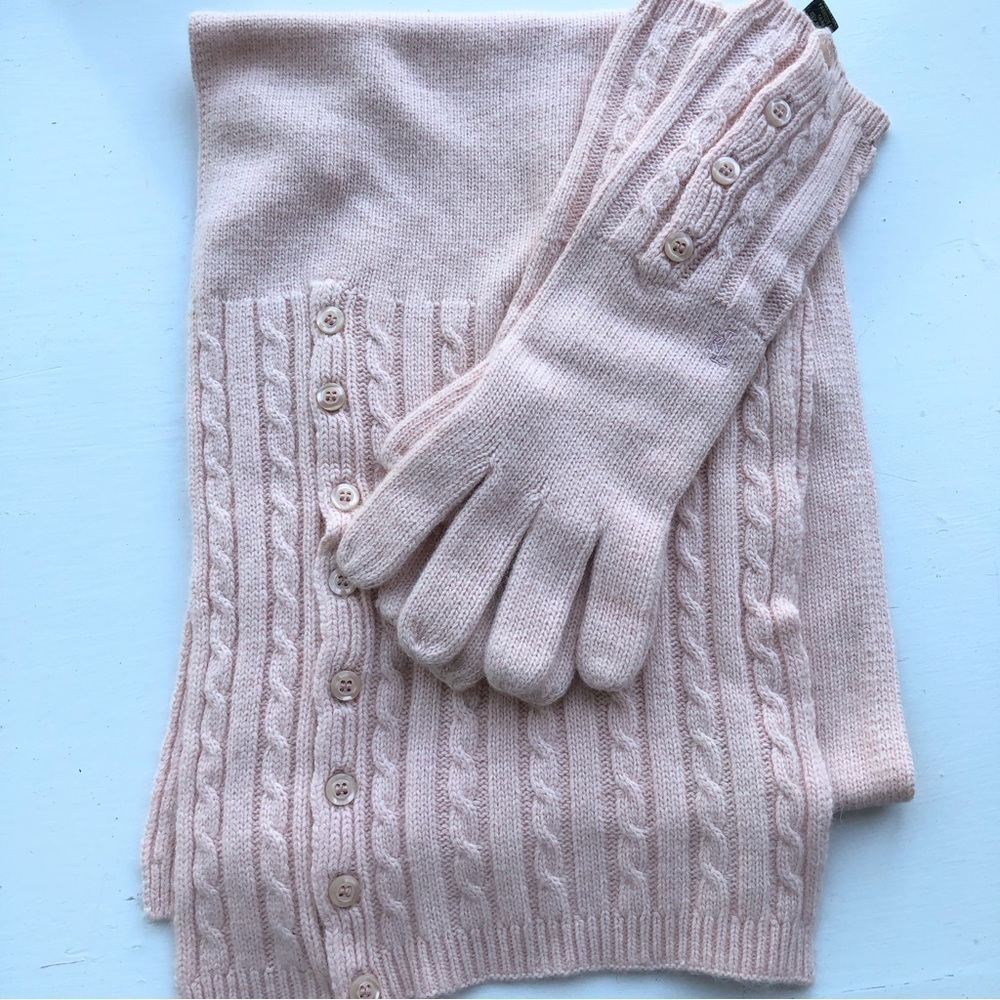 Nwot Ralph Lauren Set of 2 Pink Rabbit Wool Blend Cable Knit Scarf & Gloves